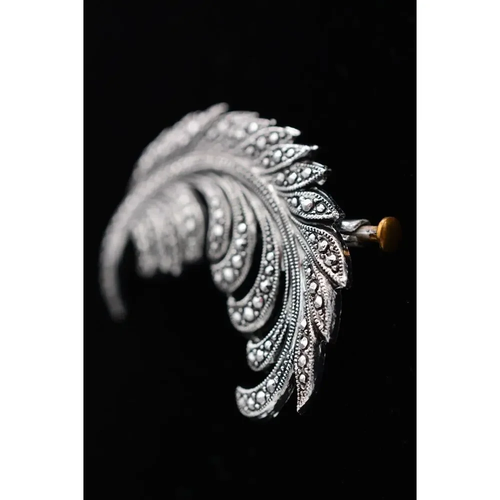 West Germany Vintage Leaf Pin Feather Brooch Silver Lightweight Signed 70s Bin5A